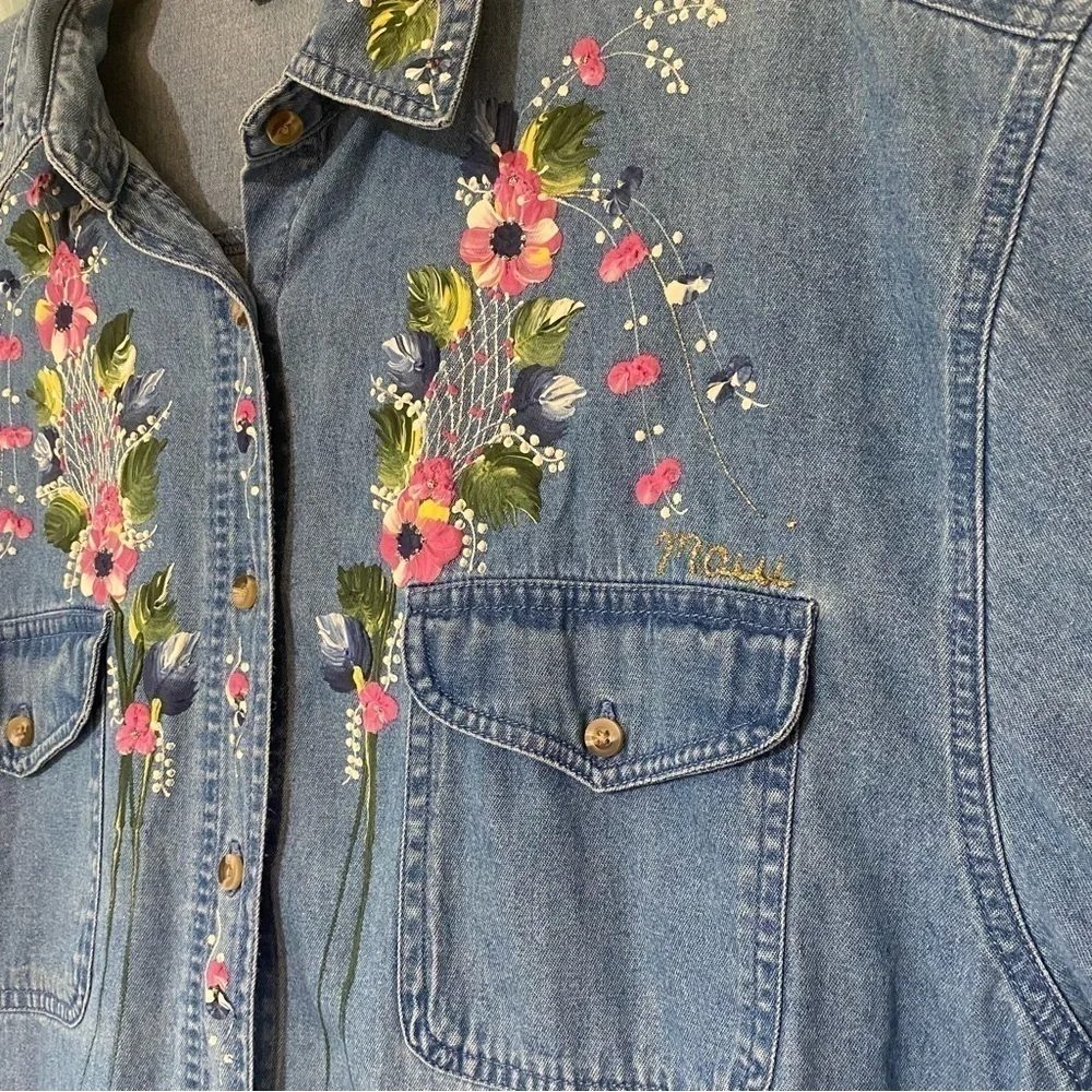 Vintage Denim Hand Painted Floral Top Cotton Wearable Art Sz XL - Picture 4 of 8